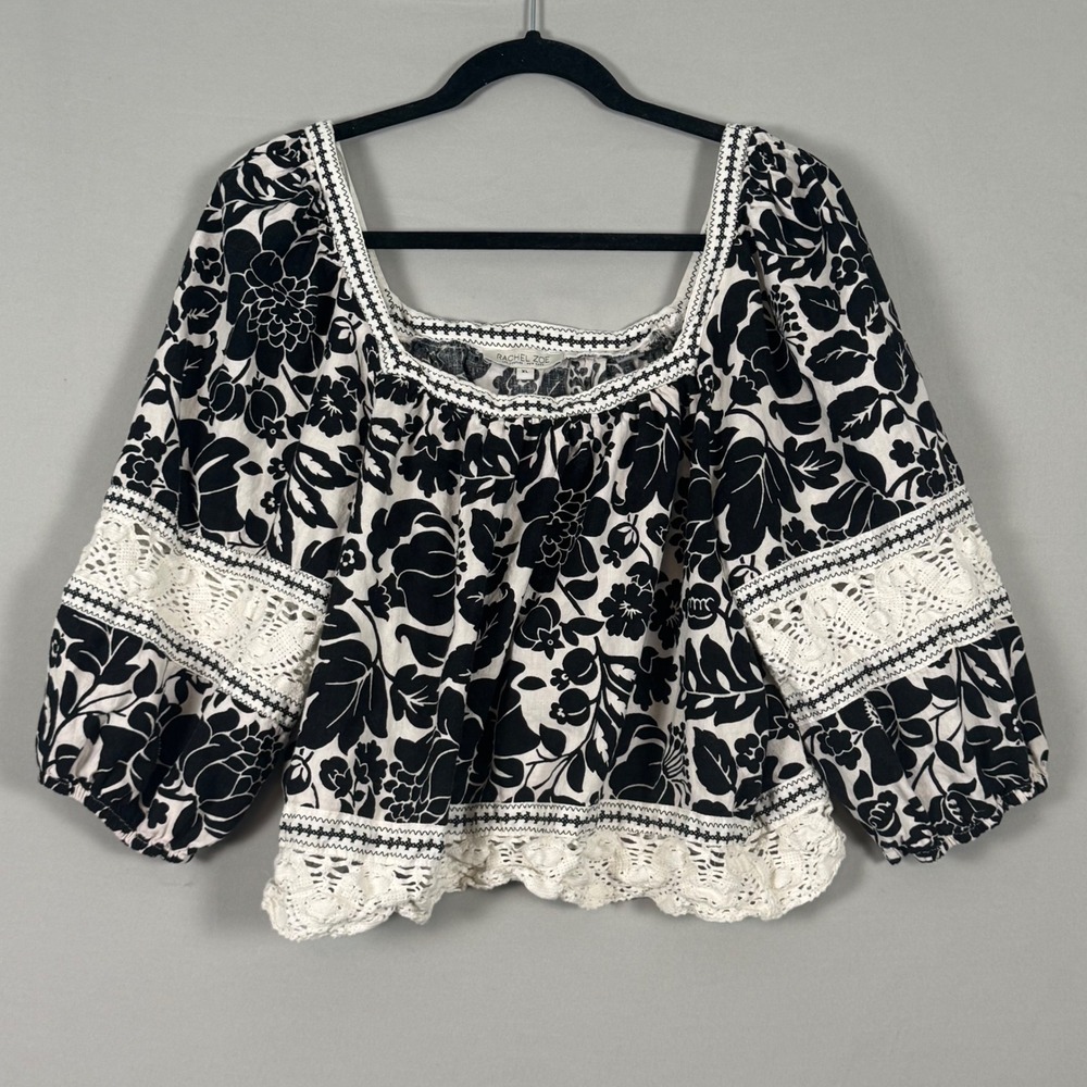 Rachel Zoe Floral Blouse Women XL Black White NWOT Boho Crochet Linen Blend